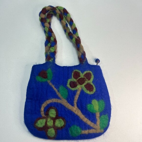 Blue Floral Tote Nepal Vintage Boho Cottagecore Green Woven Small Vacation - Picture 1 of 11